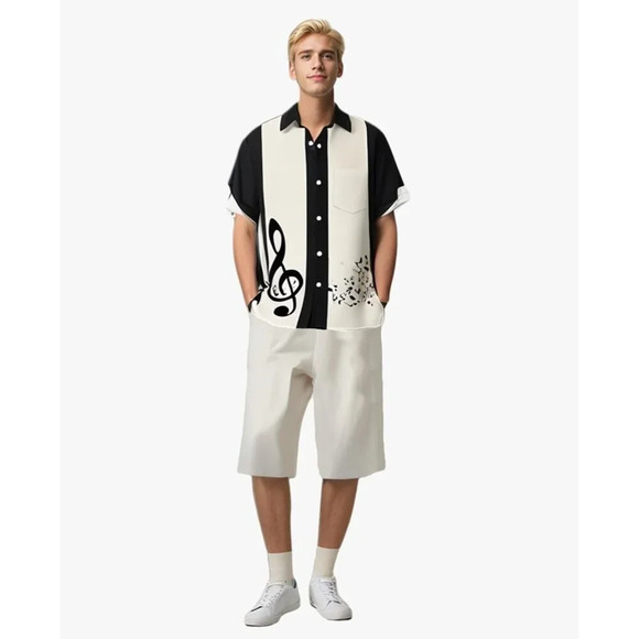 ❤️Men Black Print Short Sleeve Hawaiian Fit Casual Button Down Beach Shirts - Picture 2 of 7